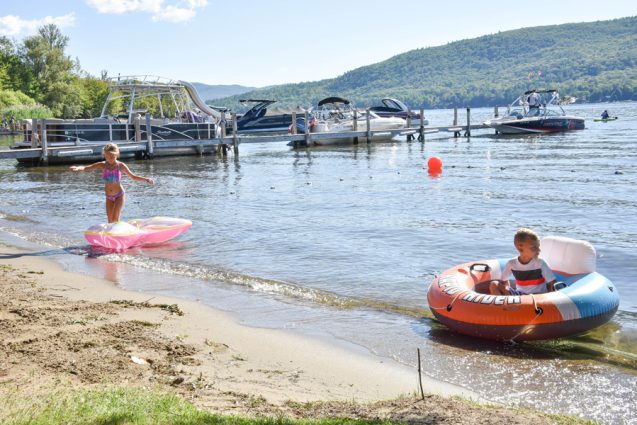 Water rafts, boats, kayaks on Lake George